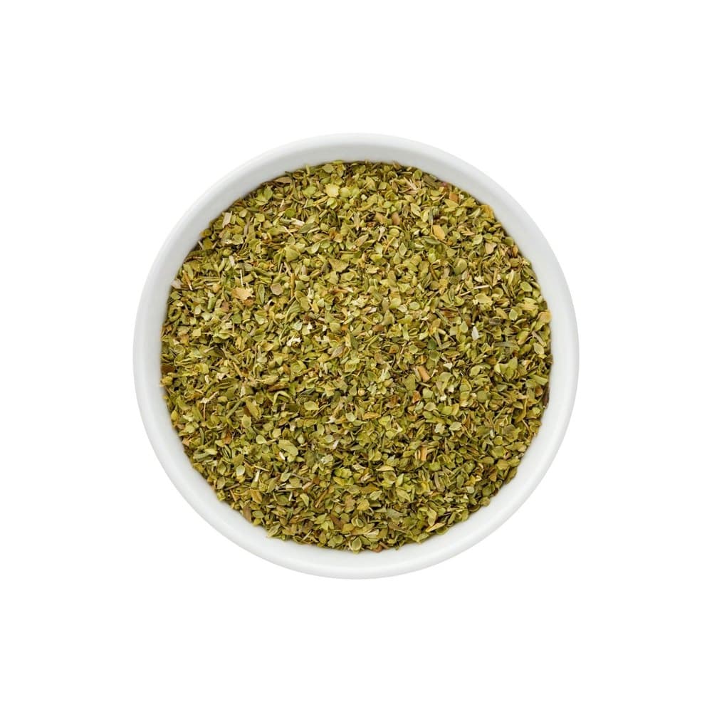 Dried Turkish oregano in a white bowl — Aegean origin